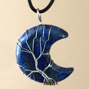Lapis Lazuli Crescent Moon Natural Gemstone Tree Of Life Wire Wrap Pendant